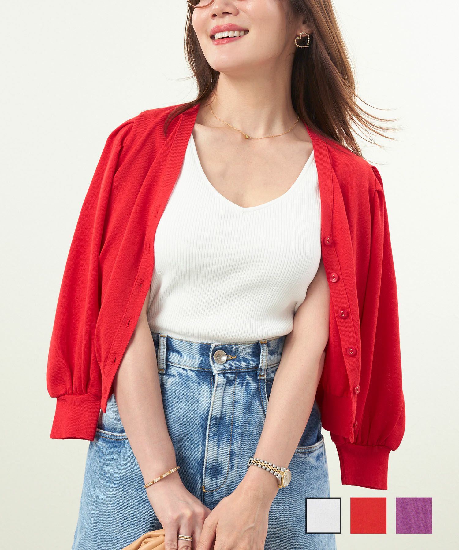 袖タック Vネック ニット カーディガン Liala×PG