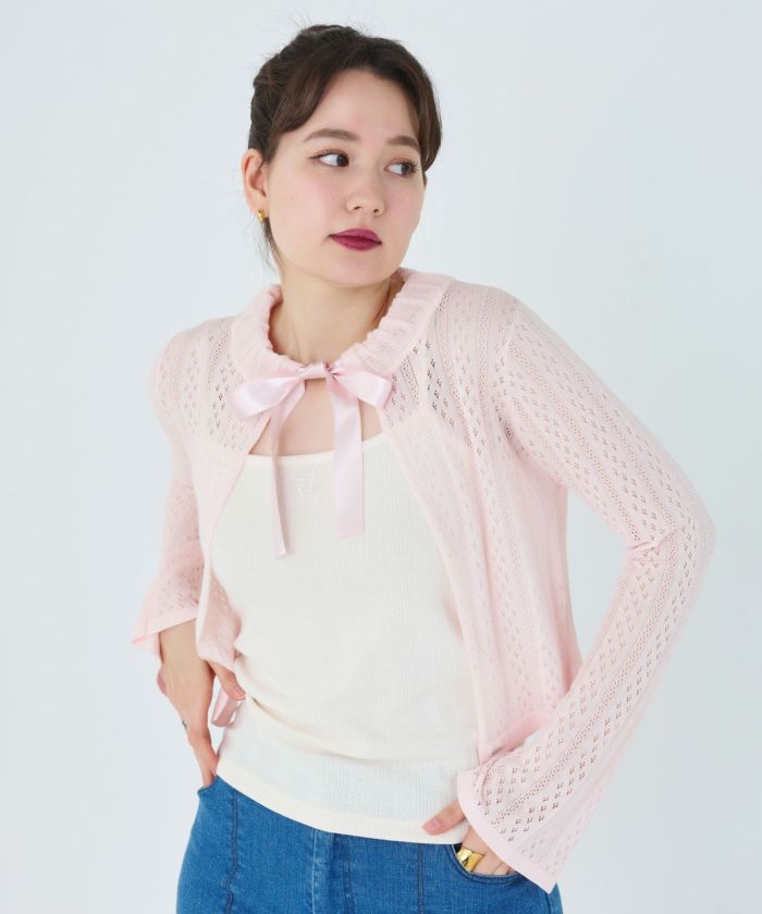 tina jojun サテンリボン 透かし編みカーディガン サテンリボン 透かし編みカーディガン TINA：JOJUN 全2色