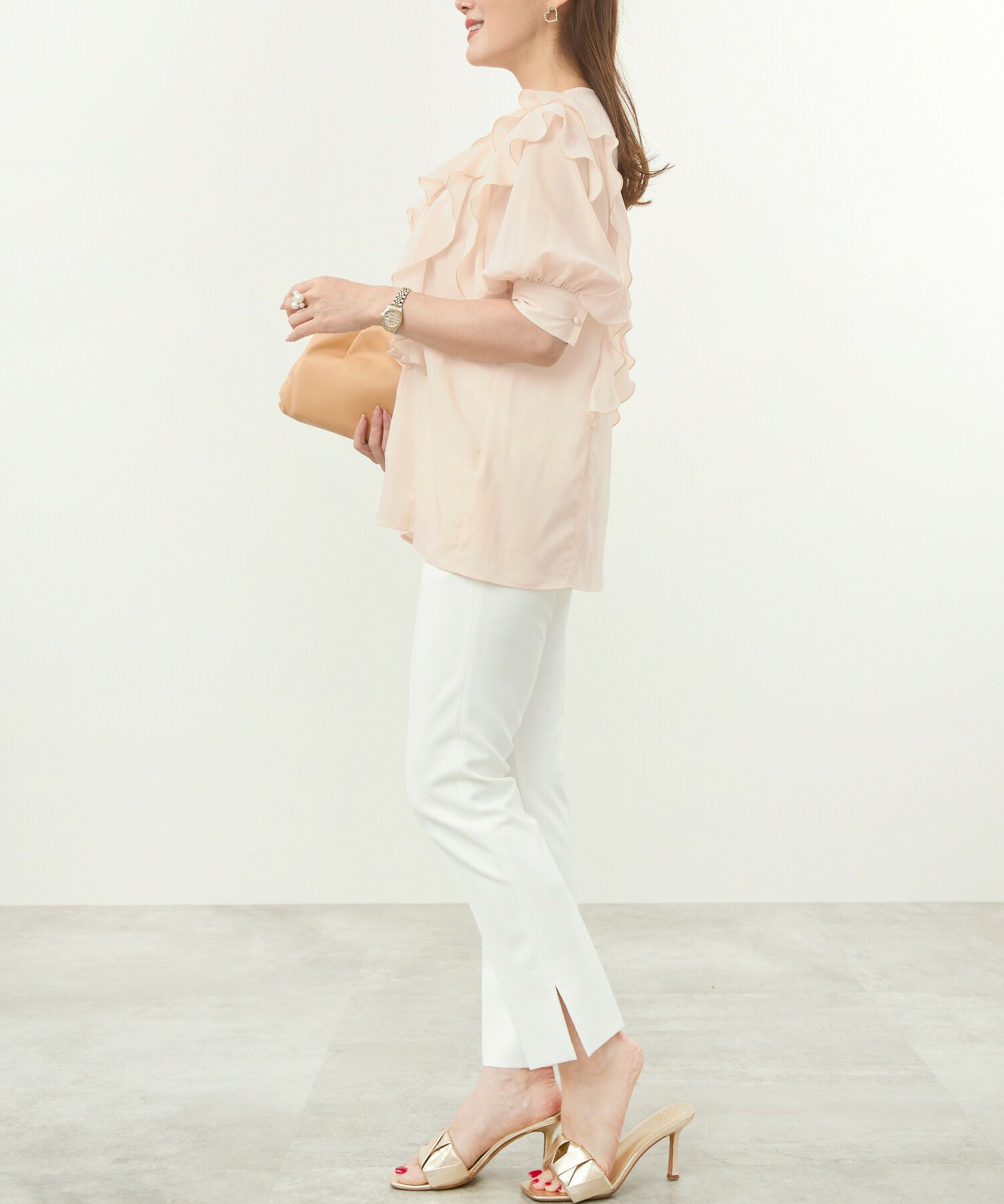 手洗い可/袖口カフス/くるみ釦/シアー感/背涙開き/釦ループ/大人可愛い/フェミニン/大人フェミニン/