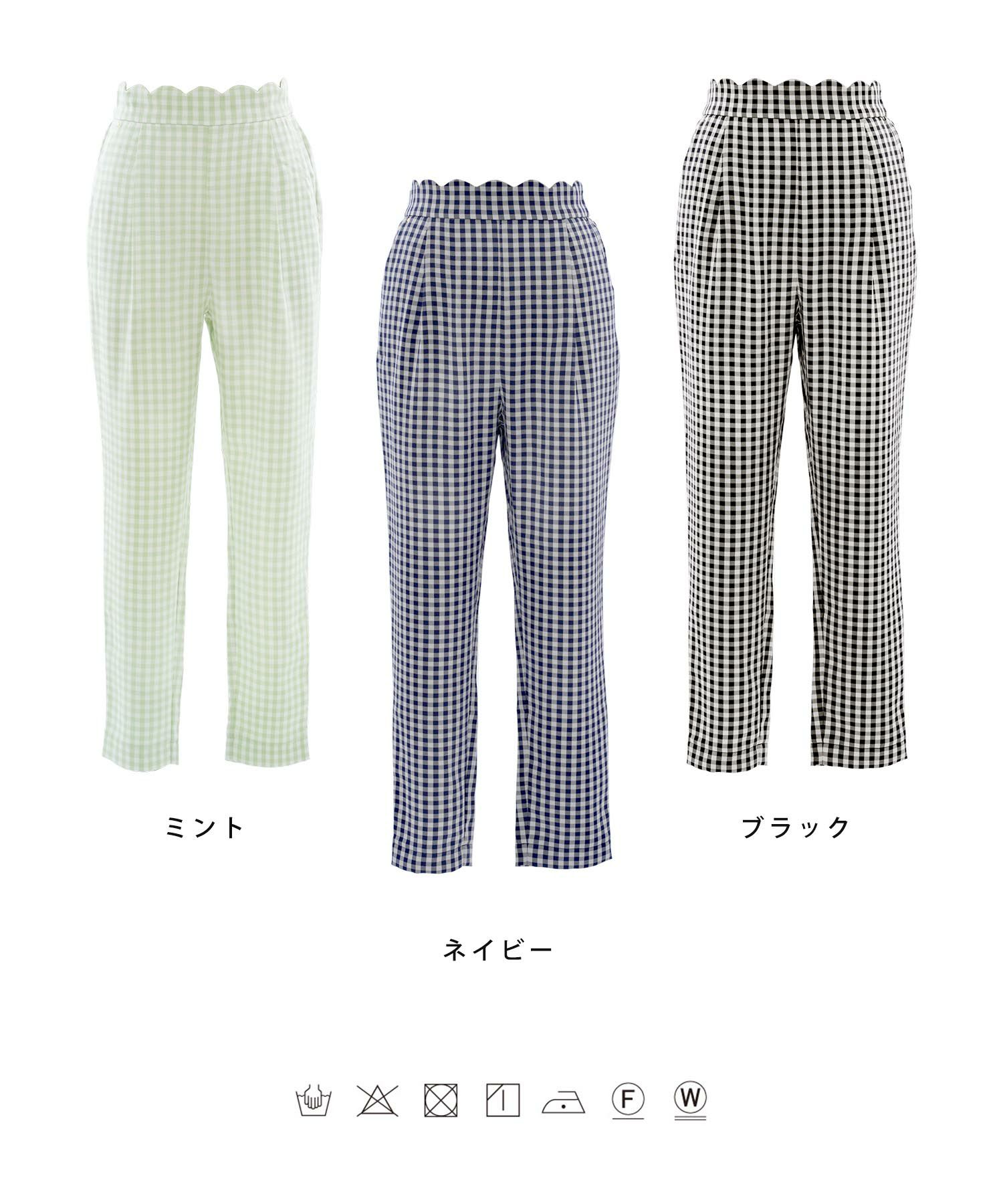 レディース/パンツ/ボトムス/ギンガム/ゴールド/スラックス/ストレート/オールシーズン/シーズンレス/フルレングス/ポケット/ミント/ネイビー/ブラック/オフィスカジュアル/きれいめ/結婚式/カジュアル/エレガント/お出かけ/ギンガムコーデ/春/夏/秋/冬/