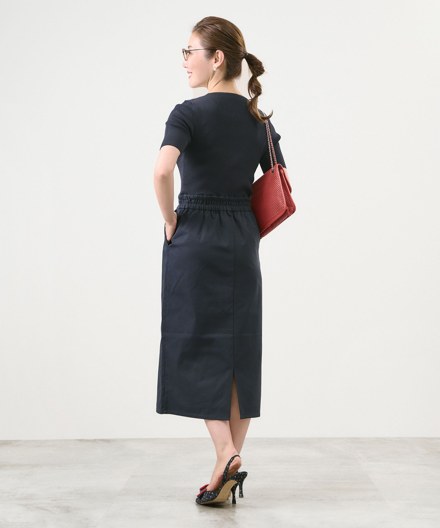 手洗い可/半袖/リブニット/ドッキング/ポケット/配色/ボーダー/ウエストゴム/大人可愛い