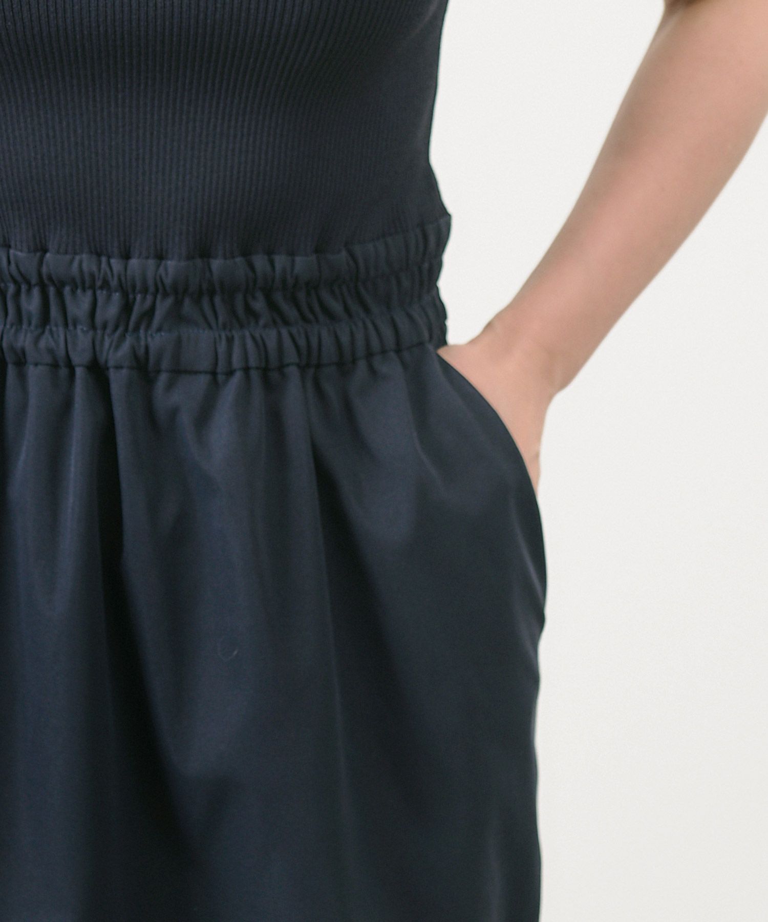 手洗い可/半袖/リブニット/ドッキング/ポケット/配色/ボーダー/ウエストゴム/大人可愛い