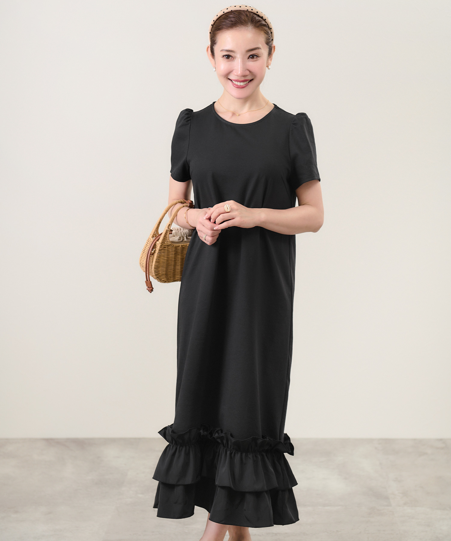 手洗い可/半袖/リラックス/ロング丈/ルームウェア/ワンマイルウェア/異素材切り替え/大人可愛い/袖山ギャザー