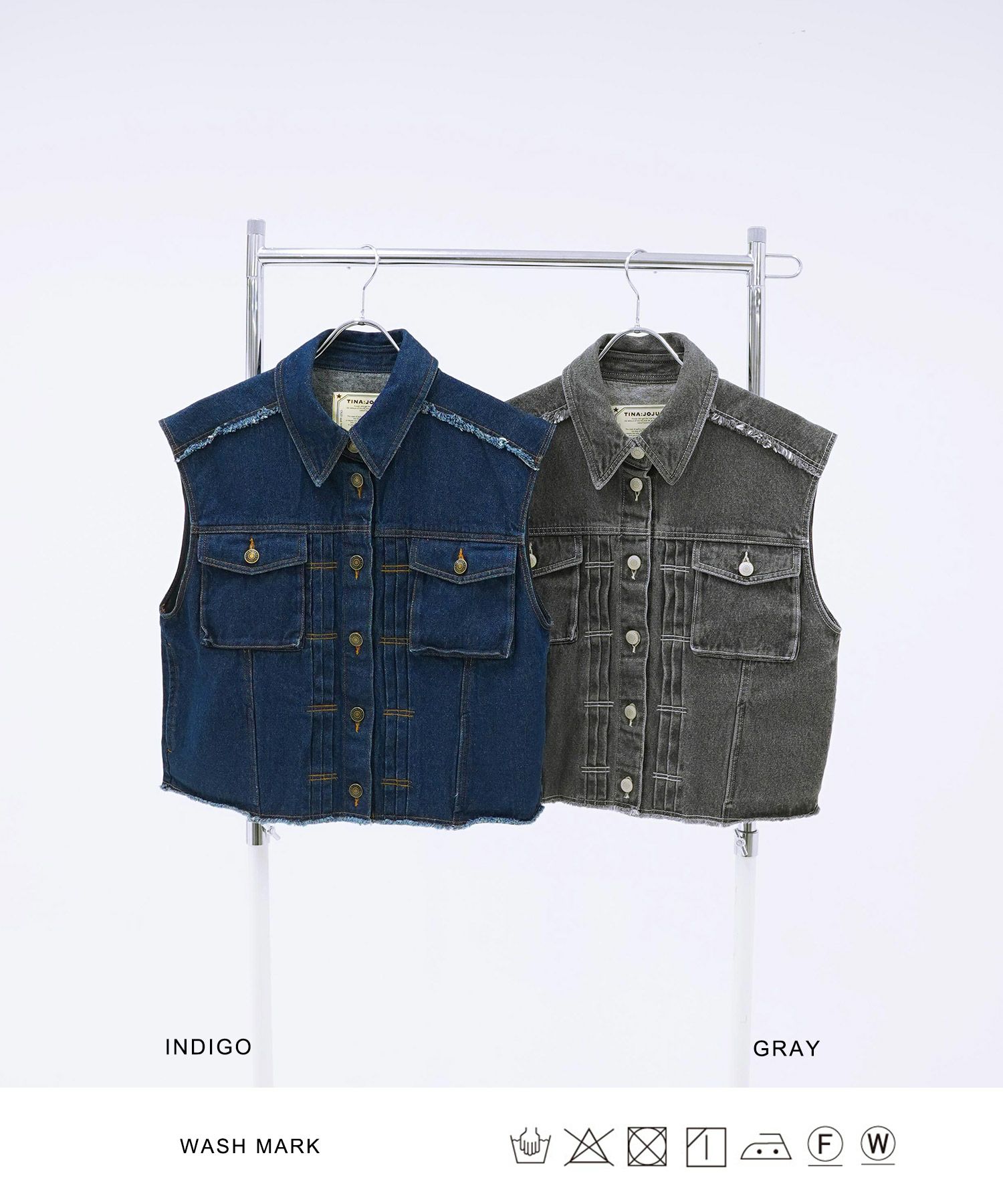トップス/アウター/ベスト/デニム/フリンジ/インディゴ/グレー