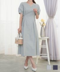 レディース/ワンピース/デニム/ストレッチ/ランタンスリーブ/ステッチ/配色/Vネック/パール/ウエストリボン/サイドリボン/フレア/半袖/タック/妊婦/産後服/ライトブルー/インディゴ/夏/春/秋/カジュアル/エレガント/フェミニン