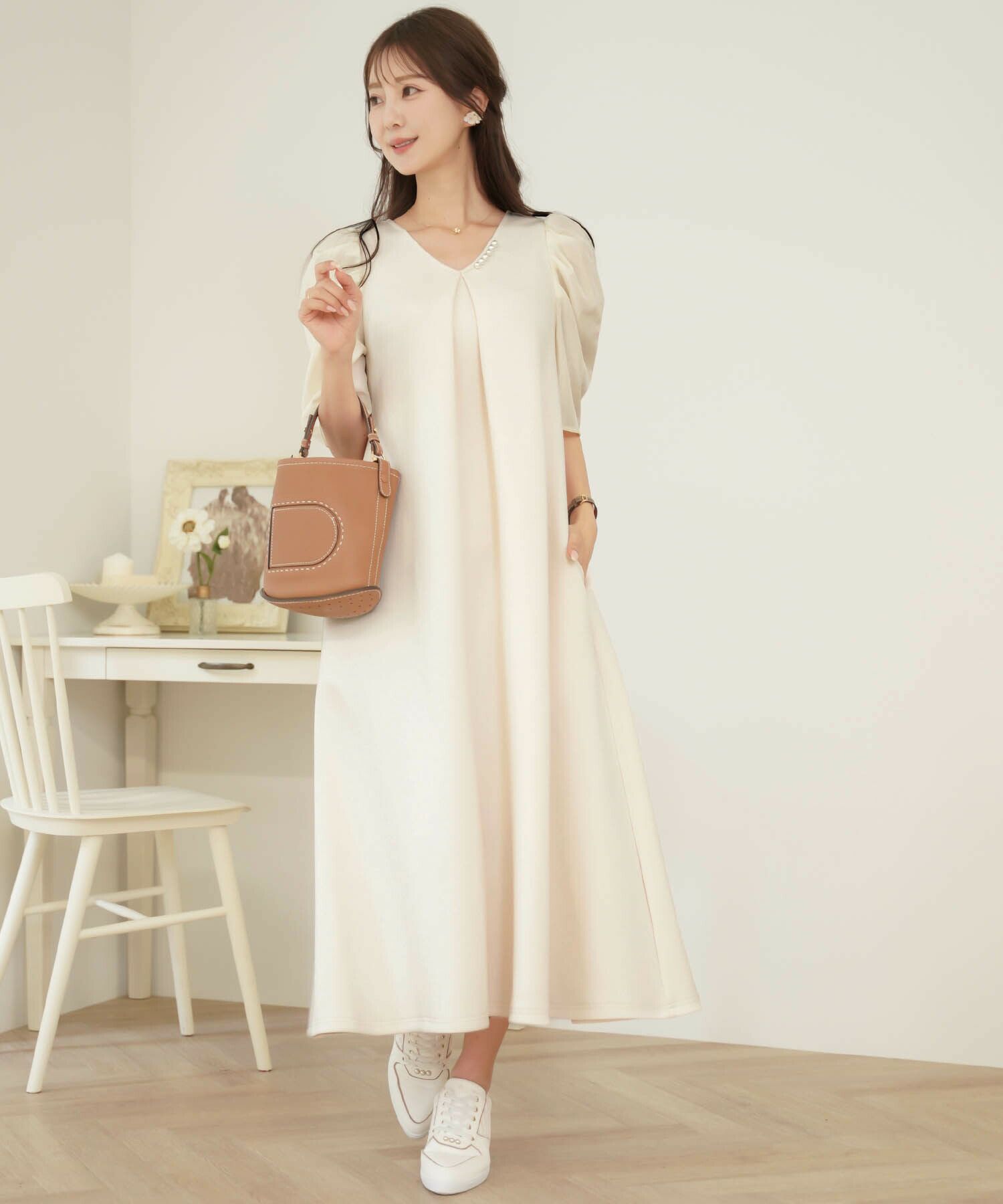 異素材袖 ギャザースリーブ ワンピース le reve vaniller 全3色  