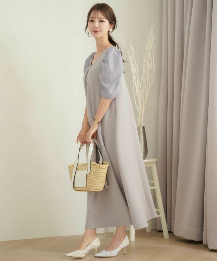 レディース/ワンピース/カットソー/無地/ドッキング/異素材/Vネック/半袖/パワショル/ギャザー/アイボリー/ラベンダー/ピンク/春/夏/秋/伸縮/お出かけ/サマーコーデ/旅行/カジュアル/エレガント/フェミニン/上品/