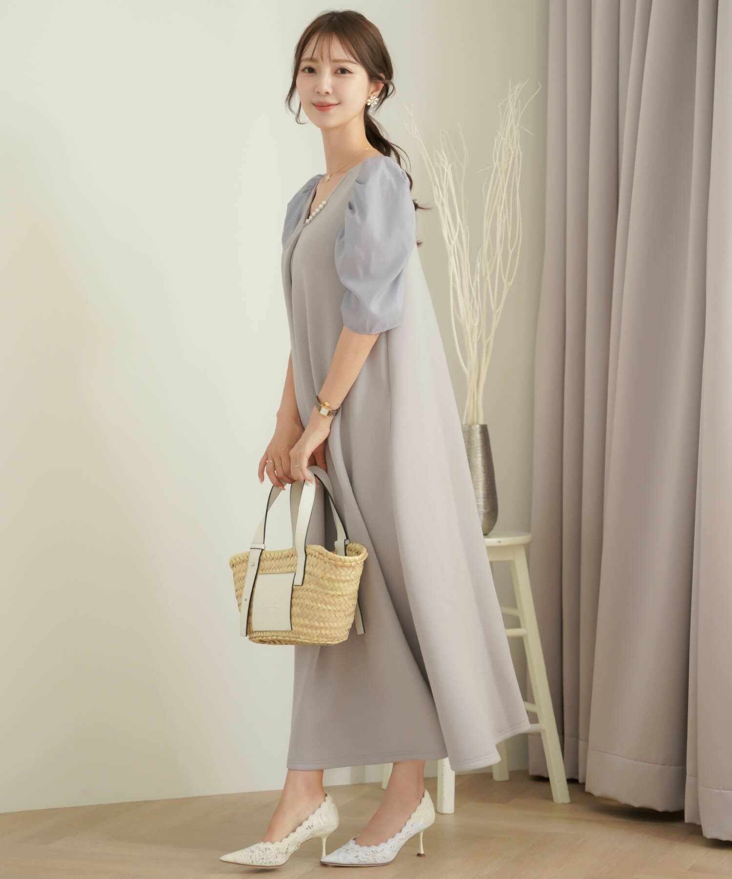 レディース/ワンピース/カットソー/無地/ドッキング/異素材/Vネック/半袖/パワショル/ギャザー/アイボリー/ラベンダー/ピンク/春/夏/秋/伸縮/お出かけ/サマーコーデ/旅行/カジュアル/エレガント/フェミニン/上品/