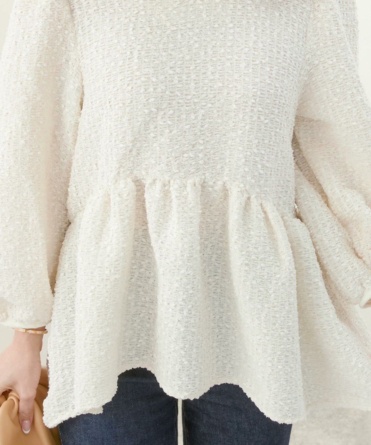 手洗い可/8分袖/Vネック/パフスリーブ/ウエスト切り替え/フレアヘム/パンツ合わせ/ブラウス/大人可愛い