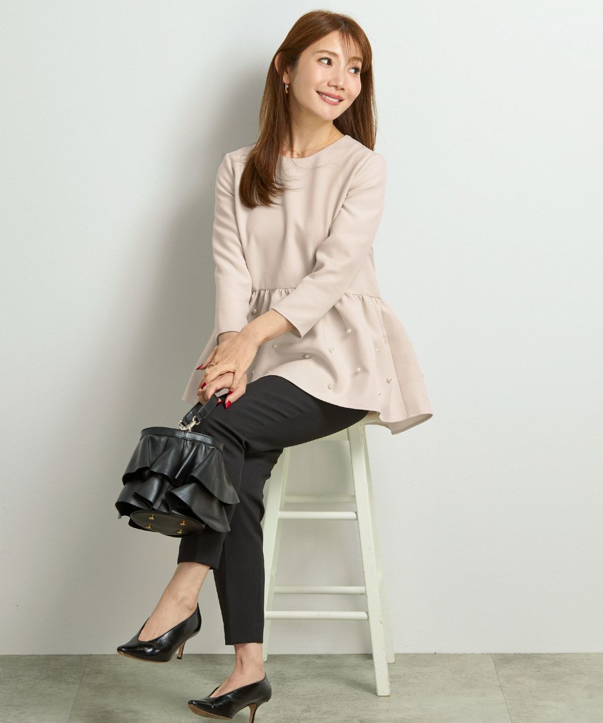 手洗い可/ブラウス/ペプラム/フレアヘム/パール/チュニック/テールカット/7分袖/大人可愛い