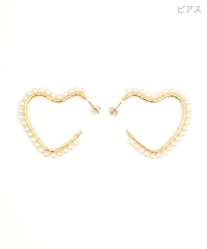 パール トリミング ハート フープ ピアス イヤリング Pearl Trimming Heart Hoop Pierce Earring