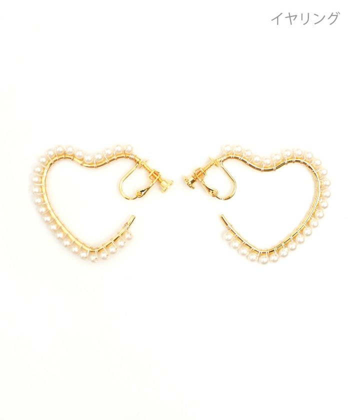 パール トリミング ハート フープ ピアス イヤリング Pearl Trimming Heart Hoop Pierce Earring