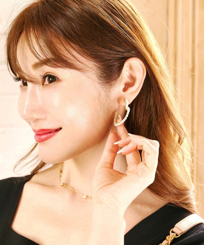 パール トリミング ハート フープ ピアス イヤリング Pearl Trimming Heart Hoop Pierce Earring