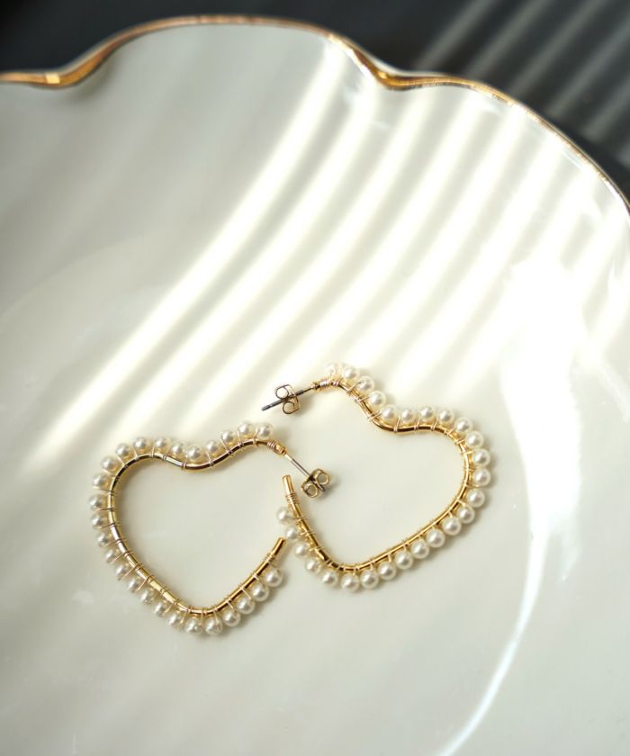 パール トリミング ハート フープ ピアス イヤリング Pearl Trimming Heart Hoop Pierce Earring