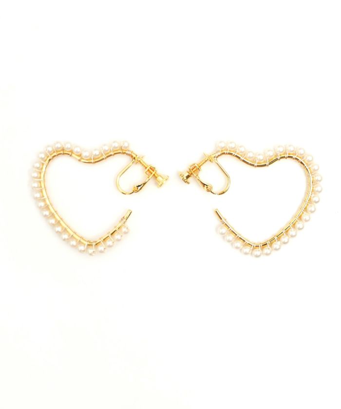 パール トリミング ハート フープ ピアス イヤリング Pearl Trimming Heart Hoop Pierce Earring