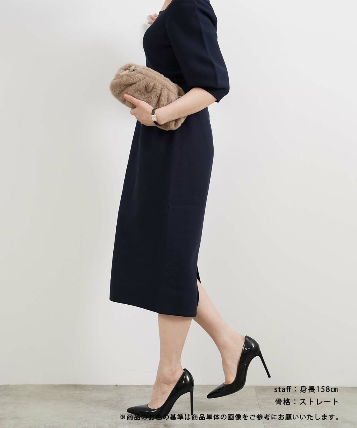 日本製/手洗い可/ホールガーメント/ニット/ワンピース/半袖/パフスリーブ/膝下丈/大人可愛い