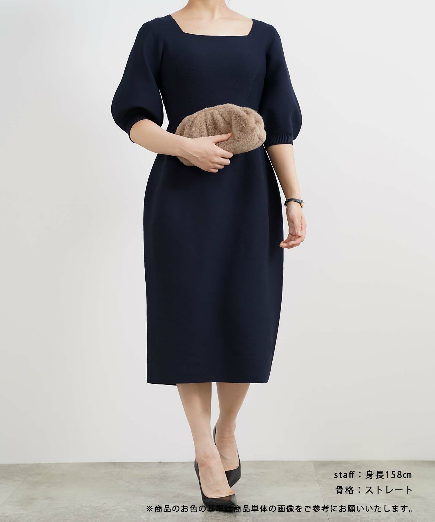 日本製/手洗い可/ホールガーメント/ニット/ワンピース/半袖/パフスリーブ/膝下丈/大人可愛い