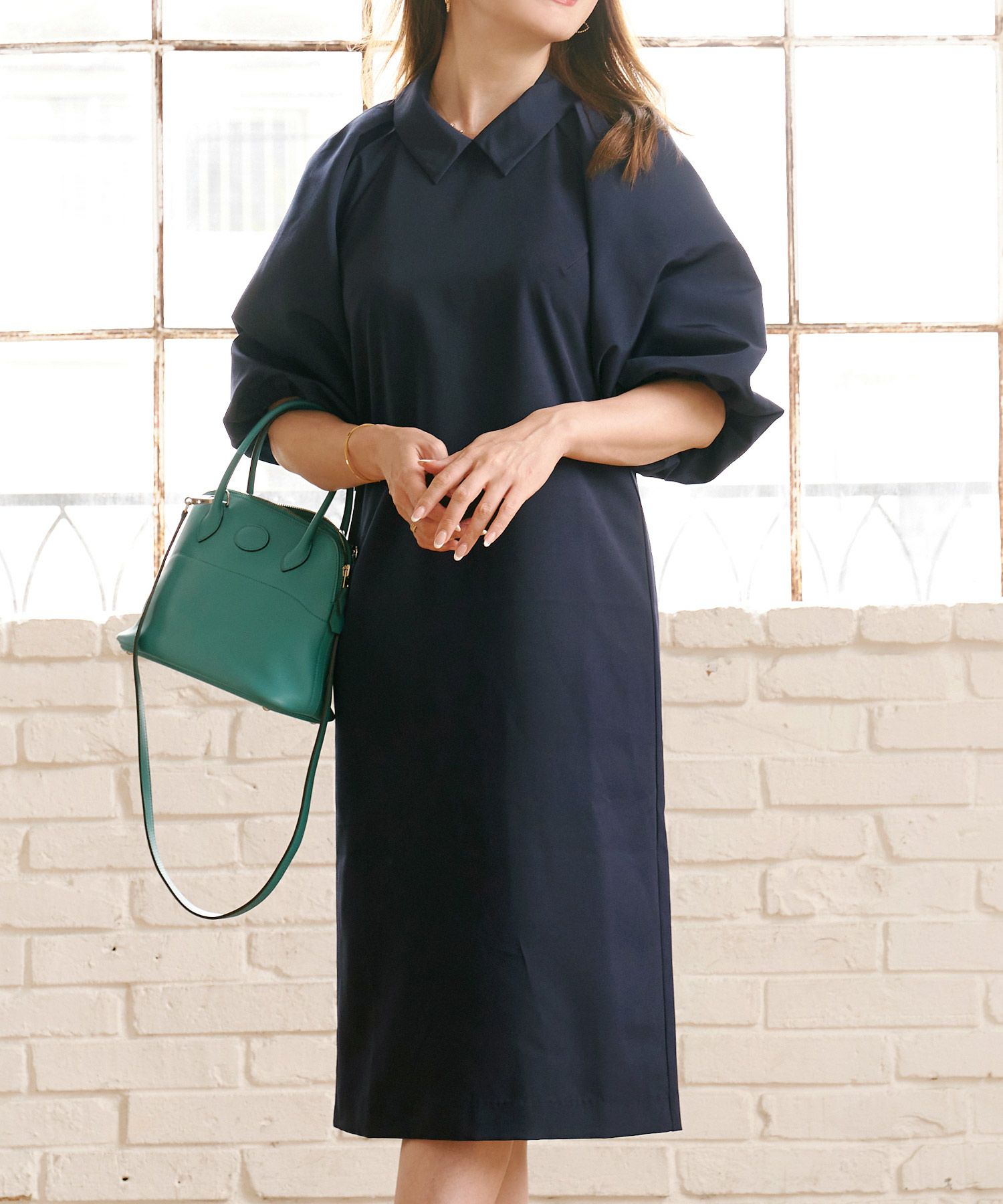 ワンピース/襟付き/バルーンスリーブ/膝下丈/5分袖/春/夏/秋/大人可愛い