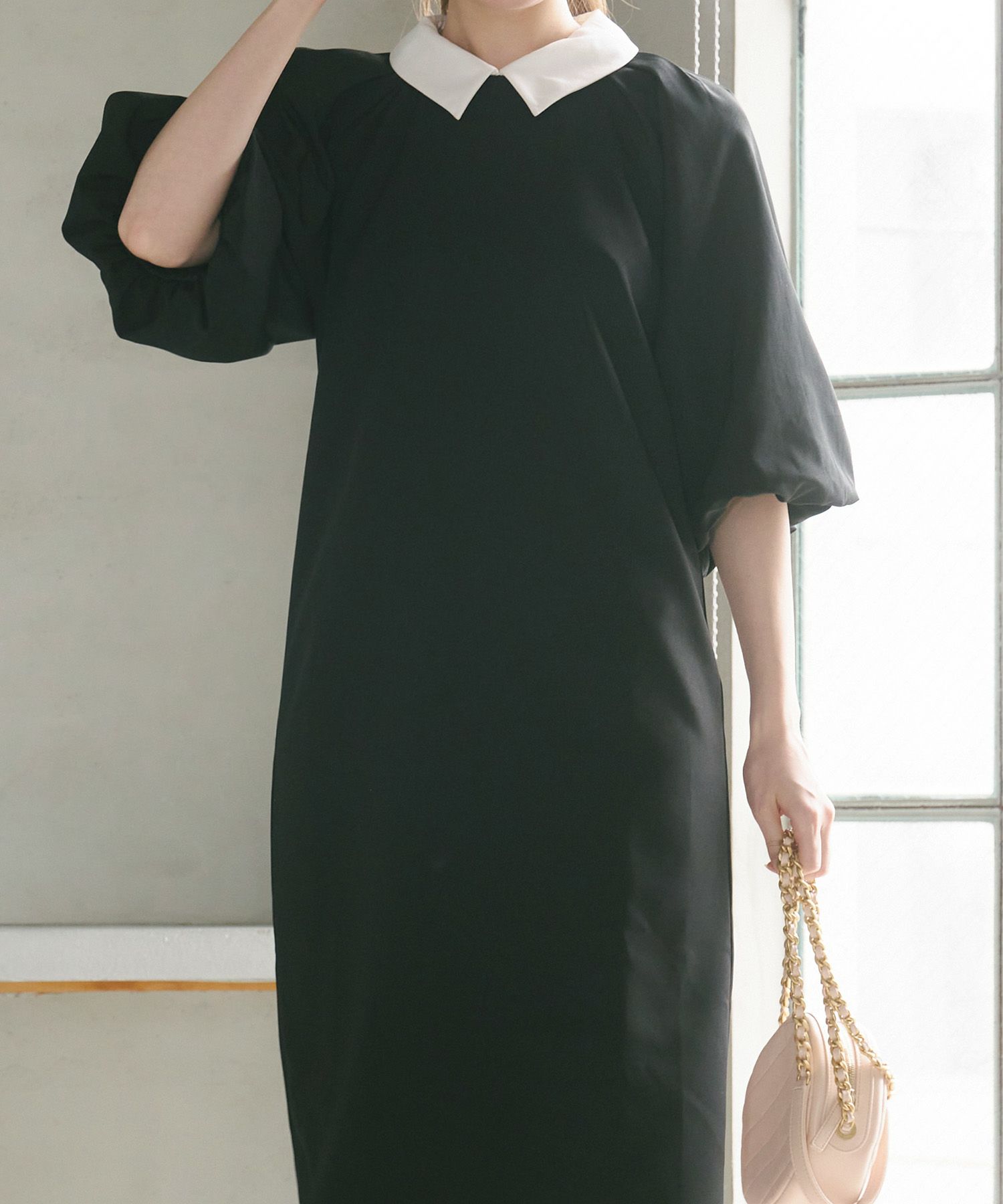 ワンピース/襟付き/バルーンスリーブ/膝下丈/5分袖/春/夏/秋/大人可愛い