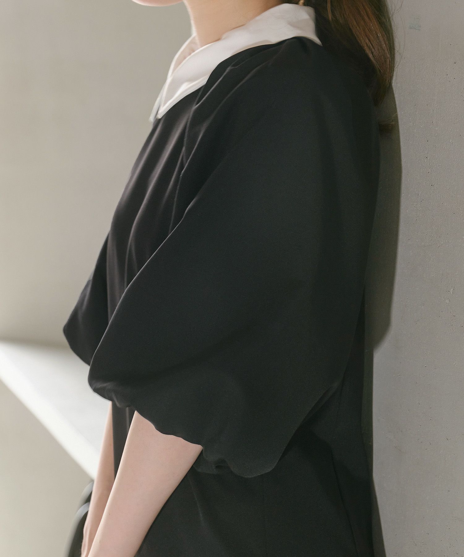 ワンピース/襟付き/バルーンスリーブ/膝下丈/5分袖/春/夏/秋/大人可愛い