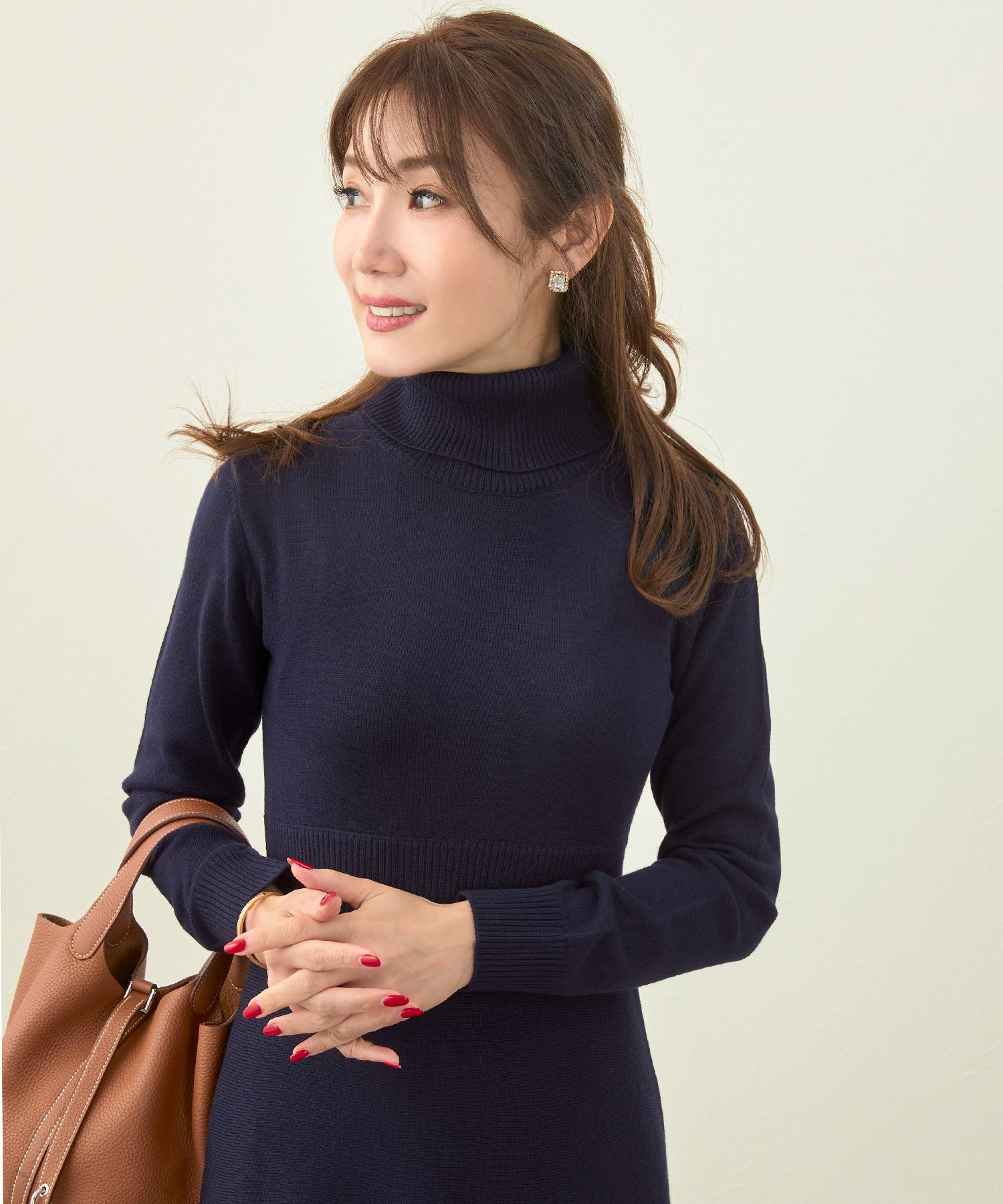 手洗い可/ワンピース/タートル/ニットフレア/長袖/ロング/ウエストシェイプ/大人可愛い