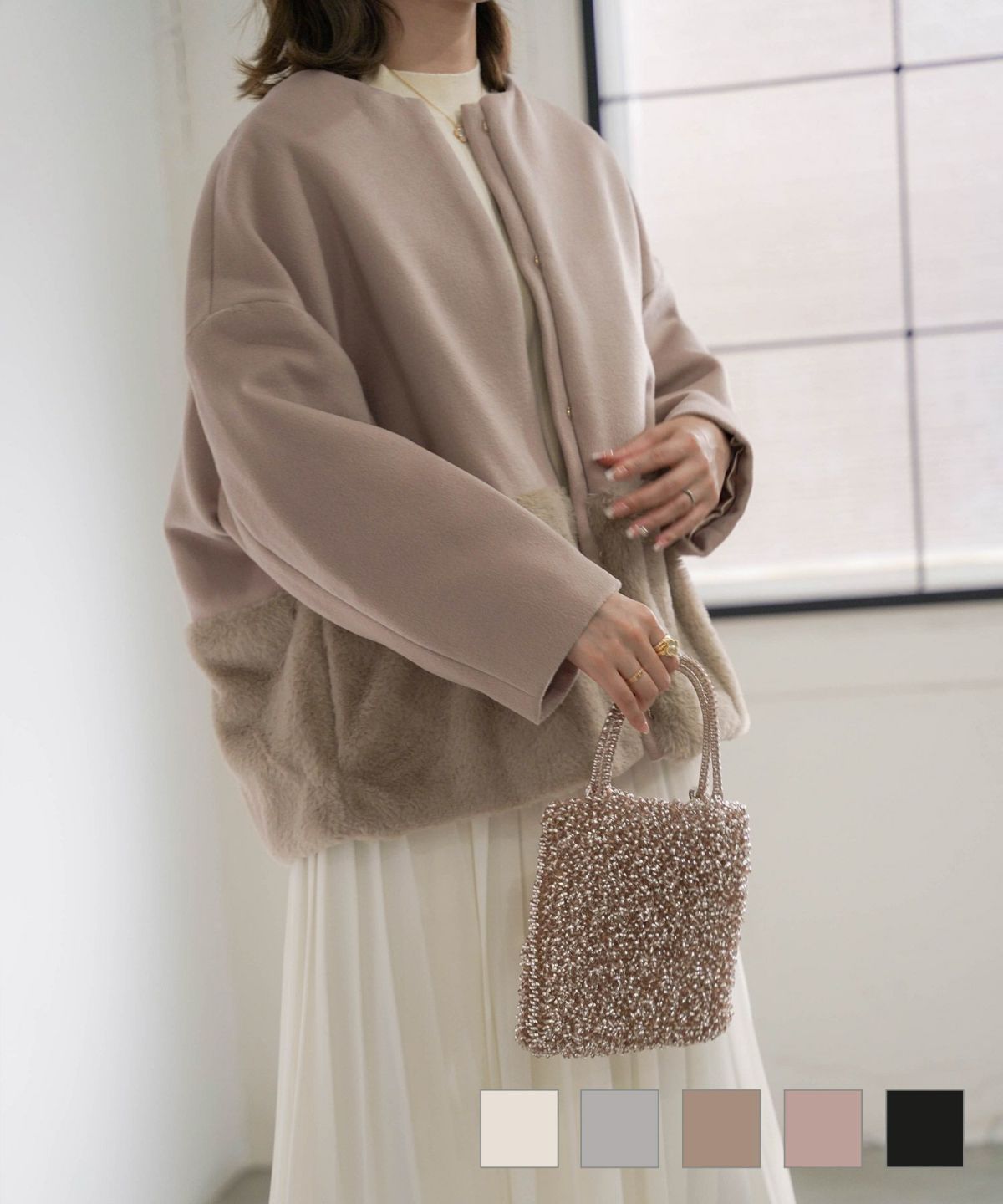 エコファーコンビ ショート コート HUIT　アイボリー/グレー/ベージュ/ピンク/ブラック