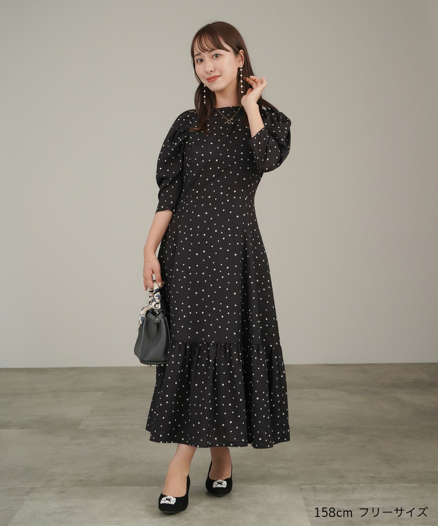 ワンピース/ドット/パワショル/フレアー/オフホワイト/ネイビー/ブラック/フリー/