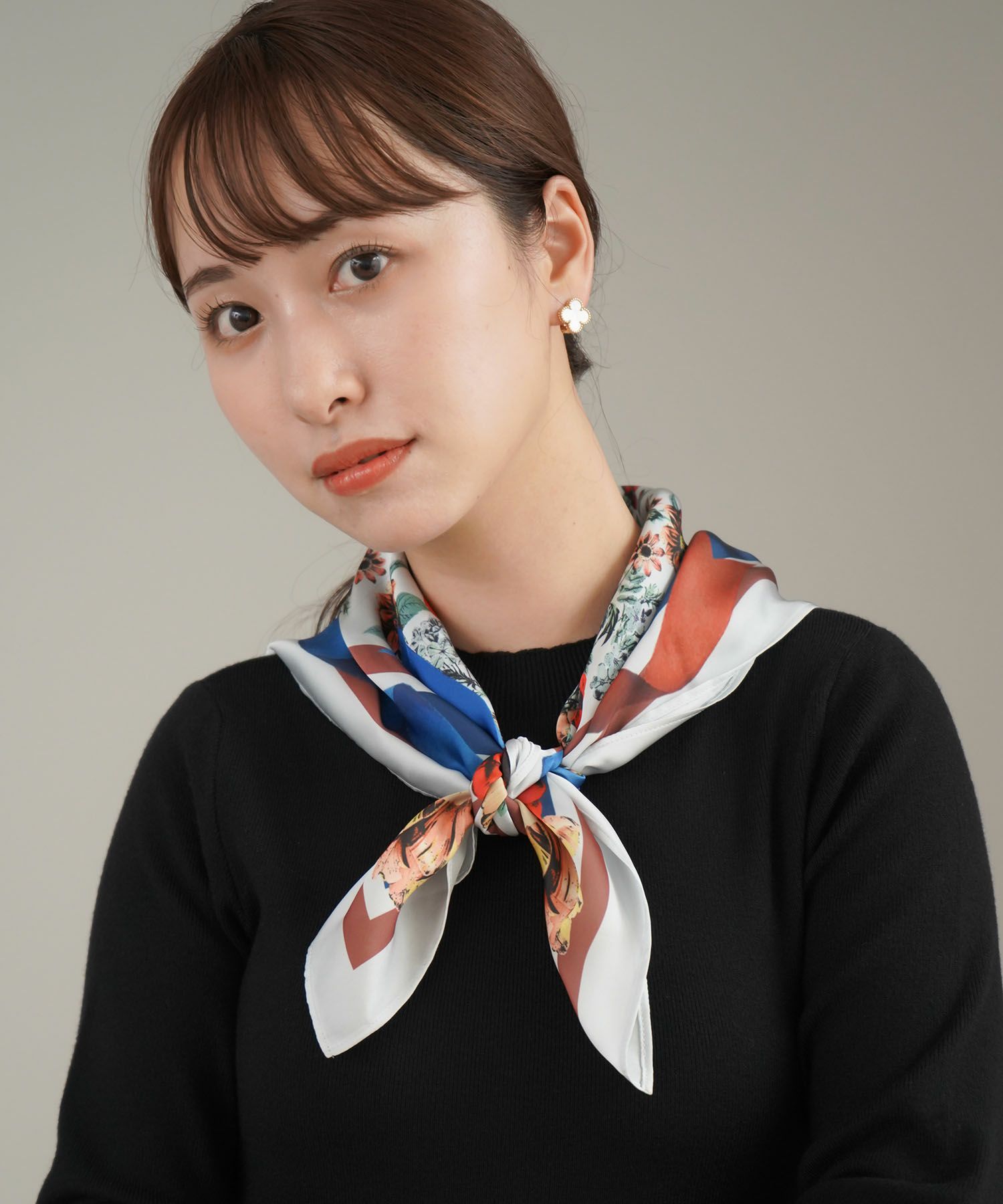 スカーフ/ボタニカル/リボン/クリーム×ピンク/ライトグレー×オレンジ/チャコール×ブルー/フリー/