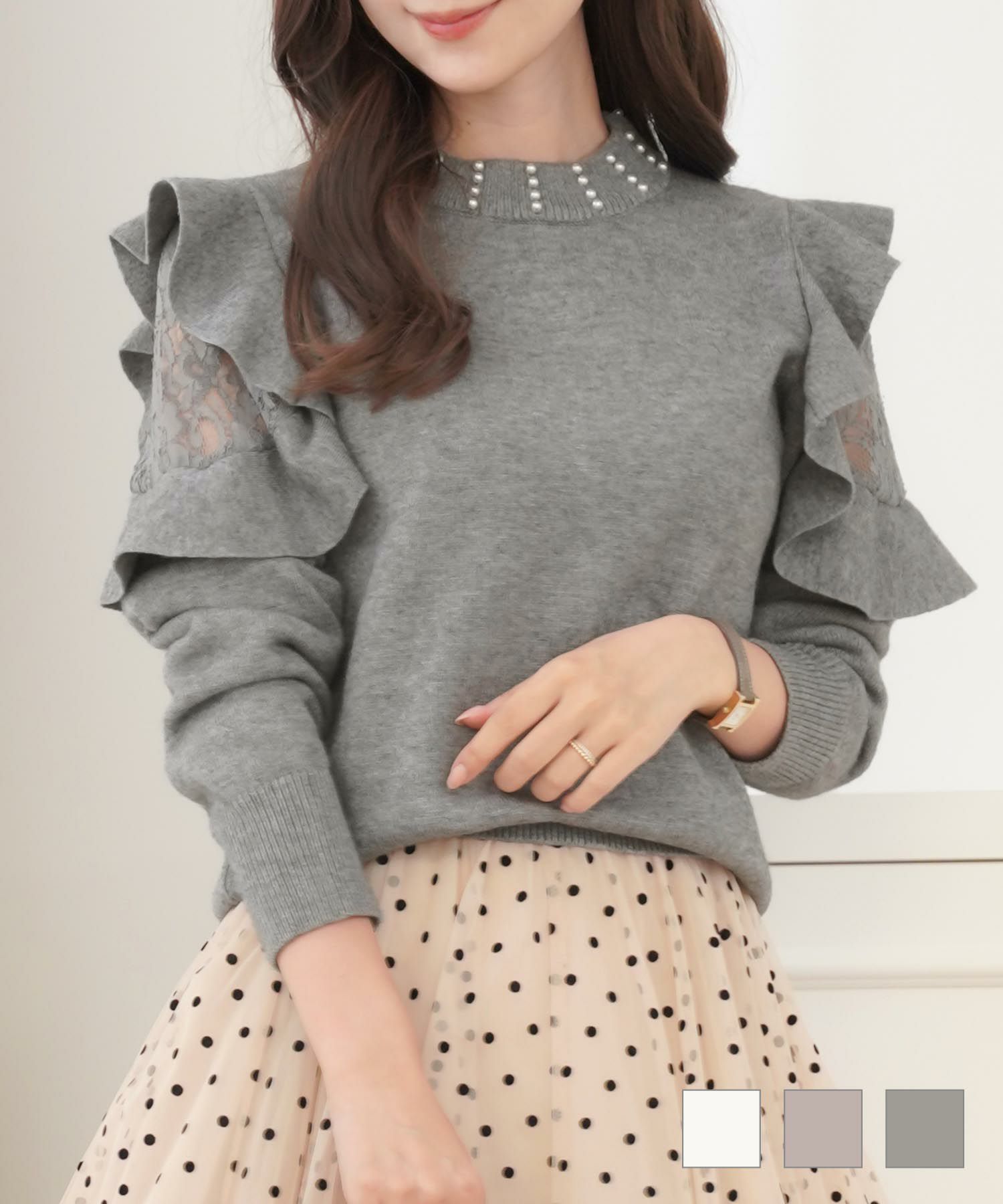 CLEARANCE-SALE フリル レース ニット トップス le reve vaniller 全3 