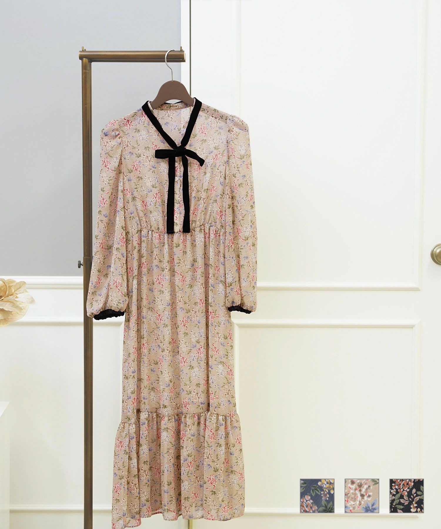 ベロアリボンタイ フローラル ワンピース 長袖 Prima Scherrer