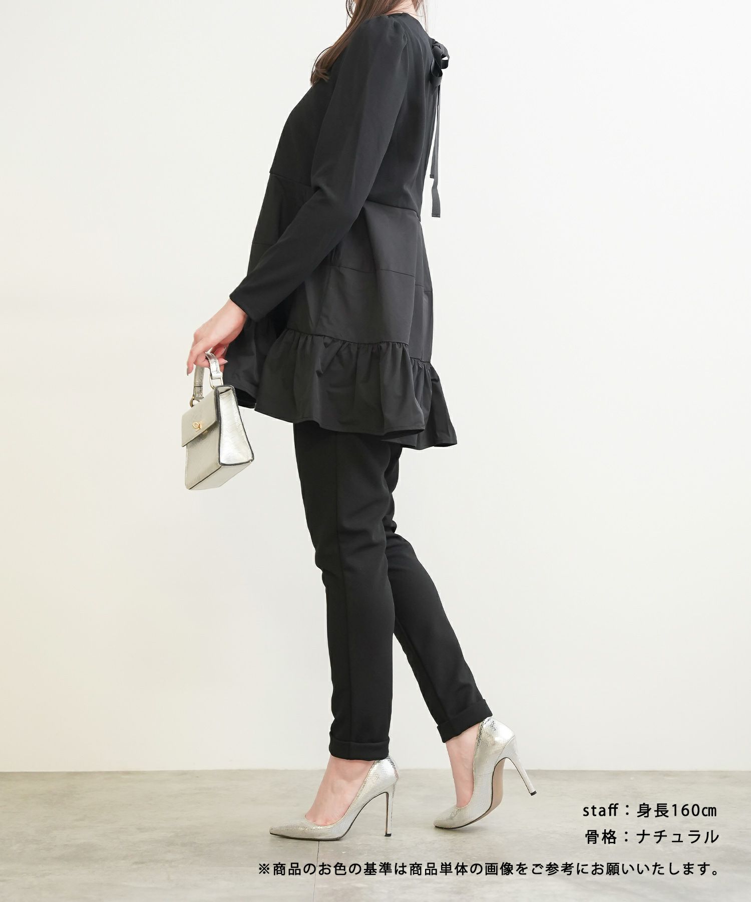 新色追加/手洗い可/長袖/ティアード/フレアヘム/ギャザー/異素材/バックリボン/涙あき/大人可愛い/上品