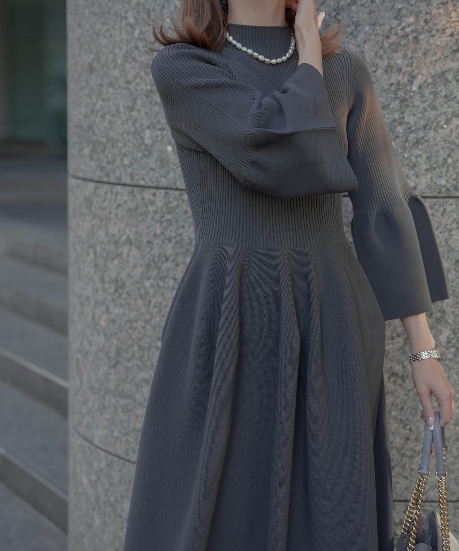 レディース/ワンピース/ホールガーメント/ニット/ベルスリーブ/8分袖/春/秋/冬/ミックス/チャコール/ネイビー/ホワイト/グレー/ブラック