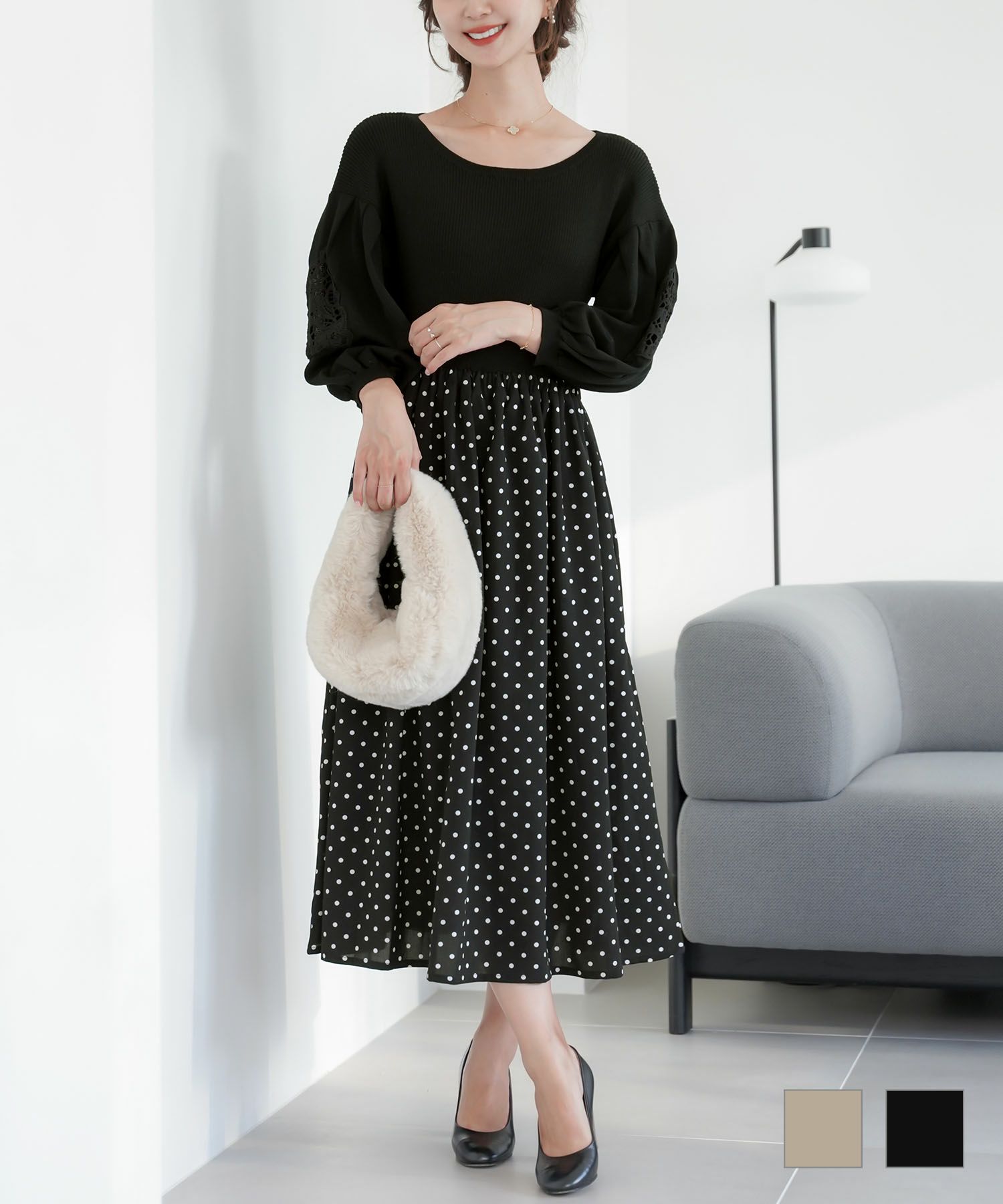 Winter-SALE ドット柄 ドッキング 袖レース ニット ワンピース le reve 