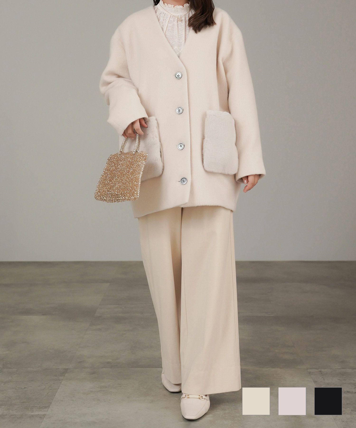 ポケット ファー ノーカラー コクーン コート lieulien×Chika 全3色  