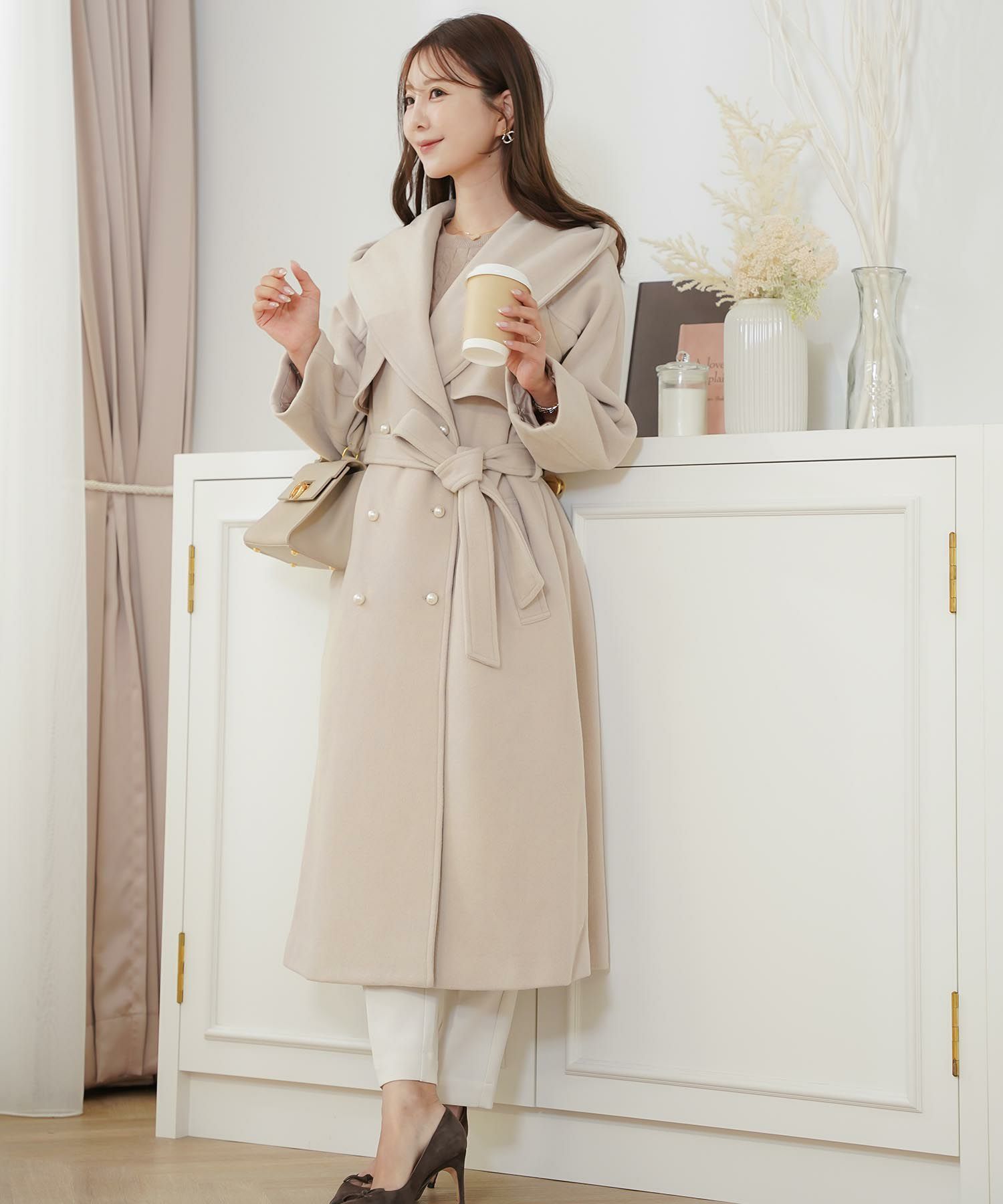 限定Price！SALE ダブル パールボタン カシミヤ混ウール コート le 