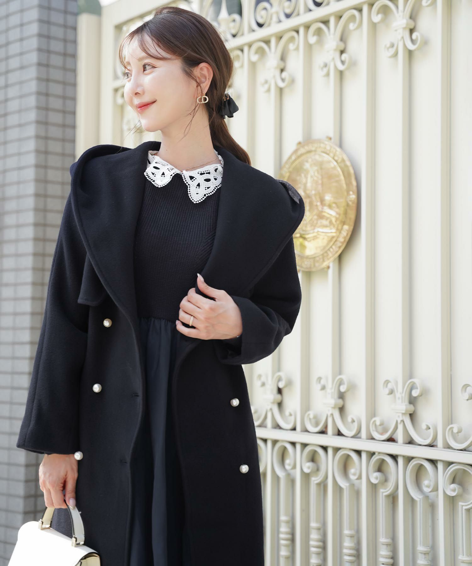 ダブル パールボタン カシミヤ混ウール コート le reve vaniller 全3色  