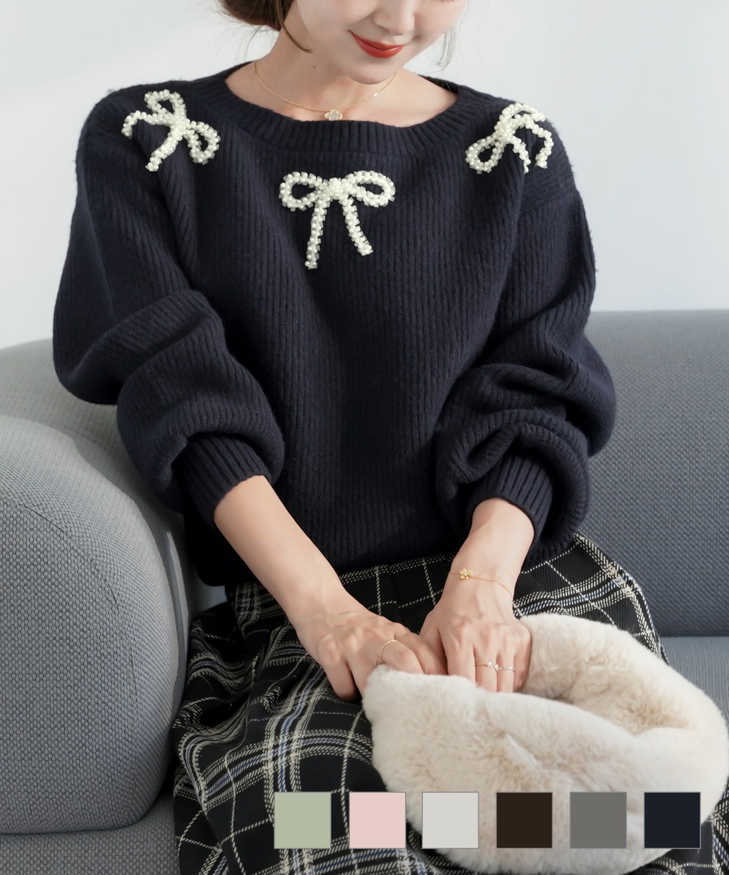 リボンモチーフ パール ニット トップス le reve vaniller 全7色  