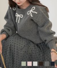 リボンモチーフパールニットトップスlerevevanillerミント/ピンク/ライトグレー/ココア/ブラウン/チャコール/ネイビー