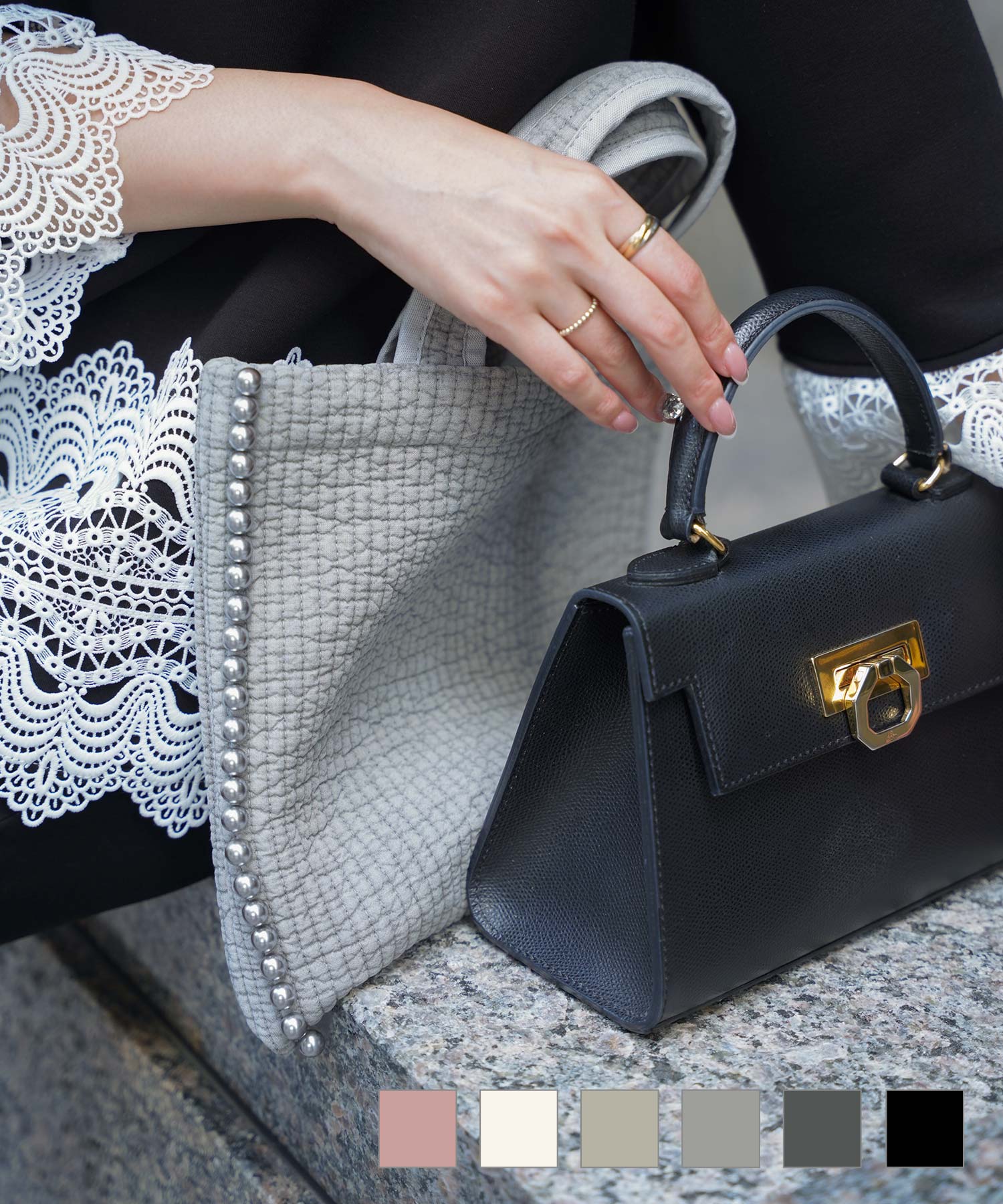 パールトリム ヌビ バッグ HUIT ピンク/ベージュ/チャコール/アイボリー/グレー/ブラック