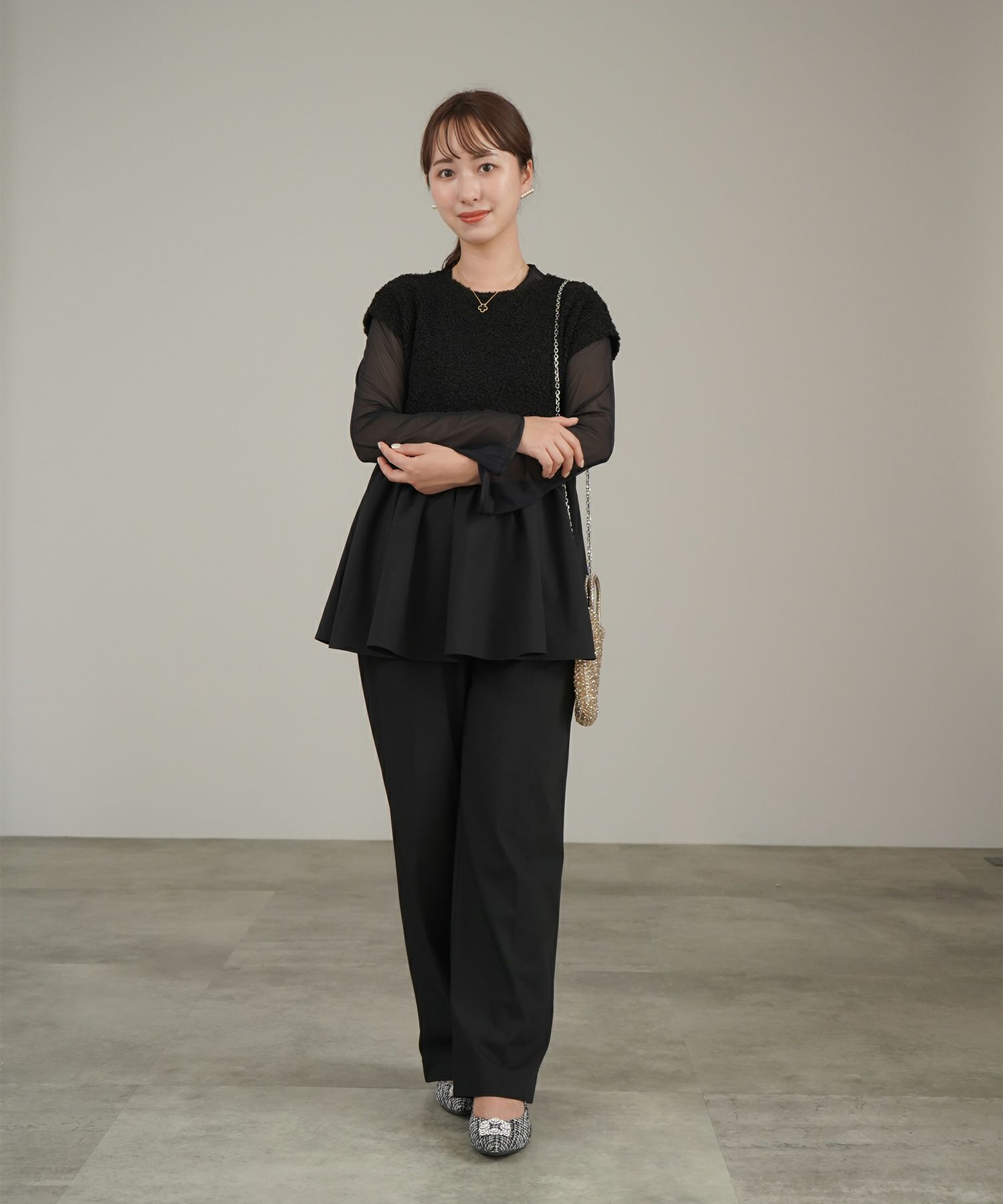 パンプス/ビジュー付ヒールパンプス/ミックスツイード/ピンクツイード/ブラックスムース/S/M/L/LL