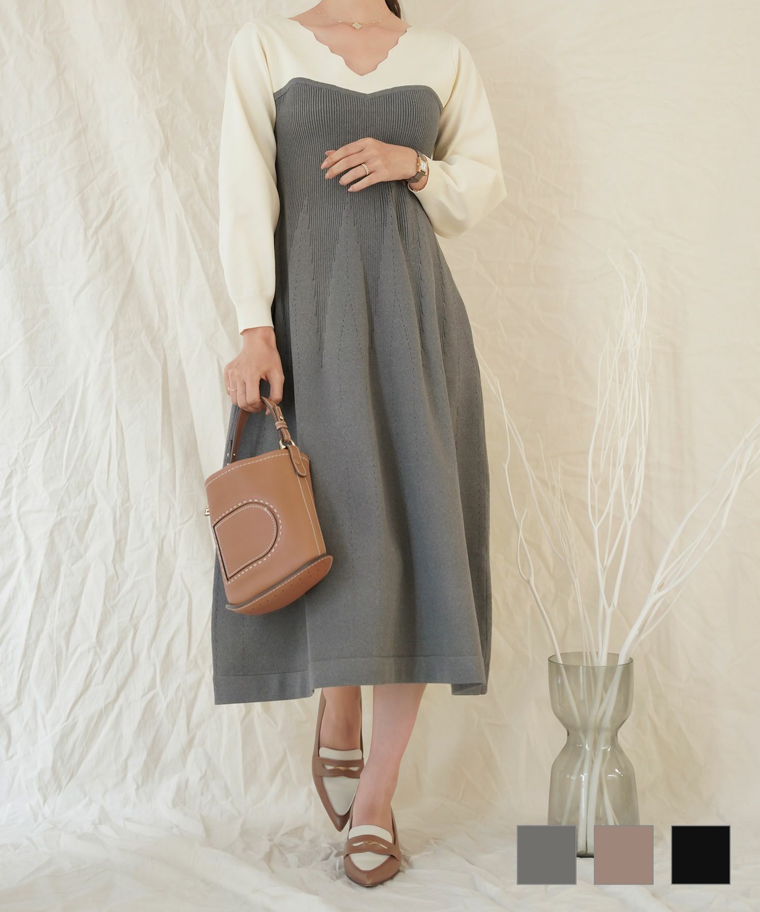 スカラップ ベア切り替え バイカラー ニットワンピース le reve  