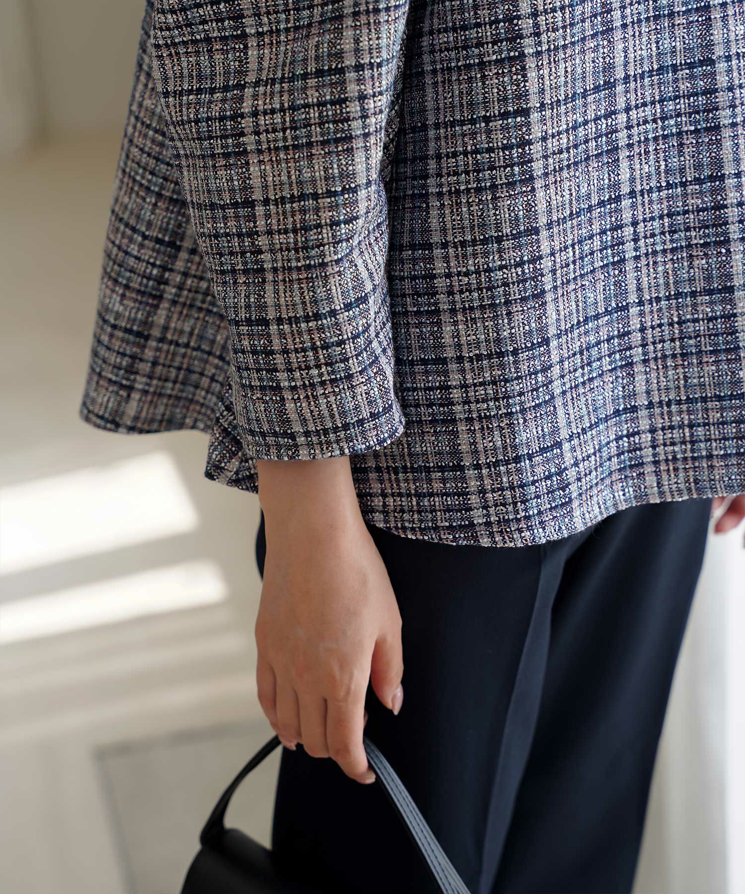 レディース/トップス/ブラウス/ツイード/春/夏/秋/冬/8分袖/グレー/ベージュ/ブラック/ホワイト/ネイビー