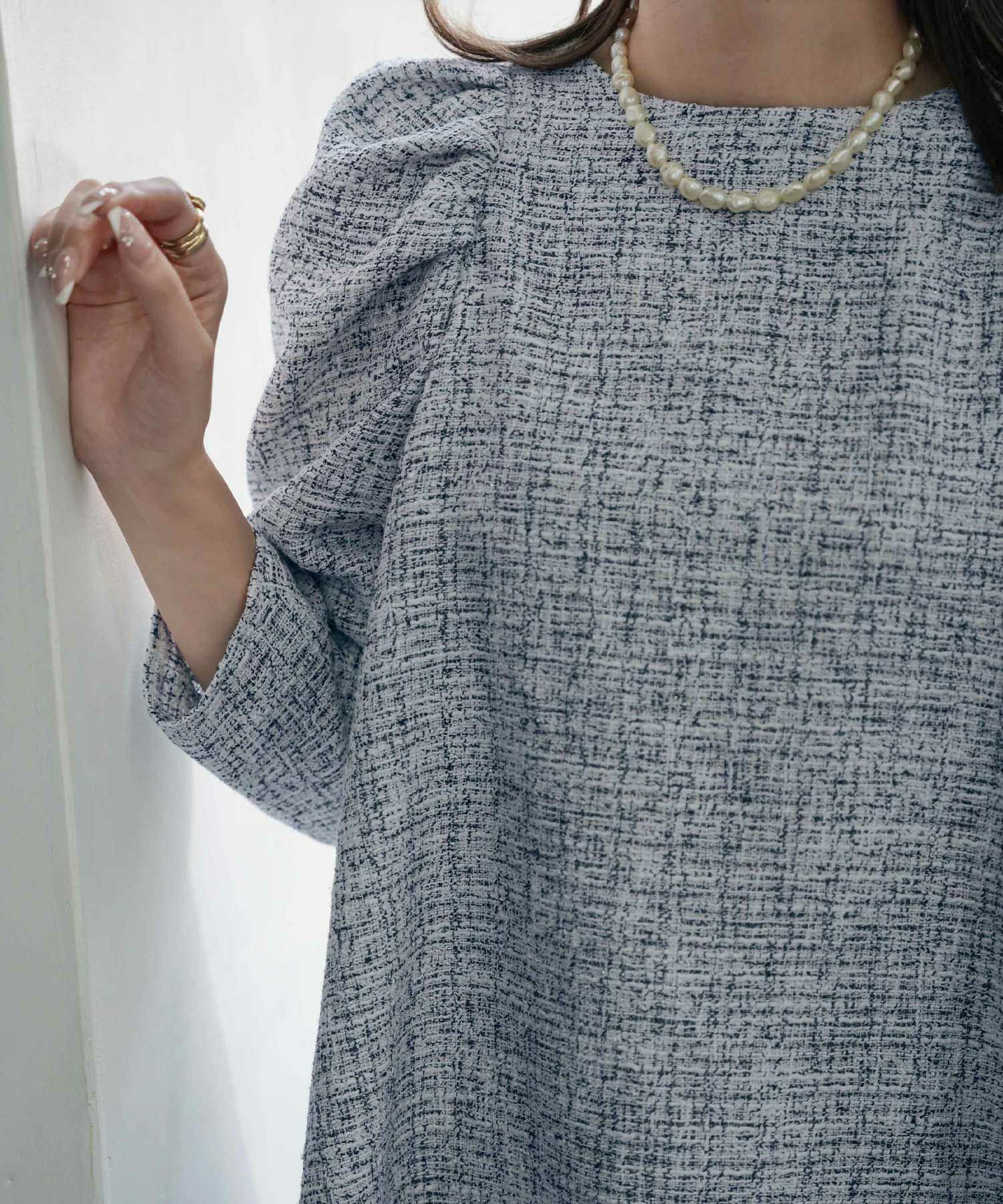 レディース/トップス/ブラウス/ツイード/春/夏/秋/冬/8分袖/グレー/ベージュ/ブラック/ホワイト/ネイビー