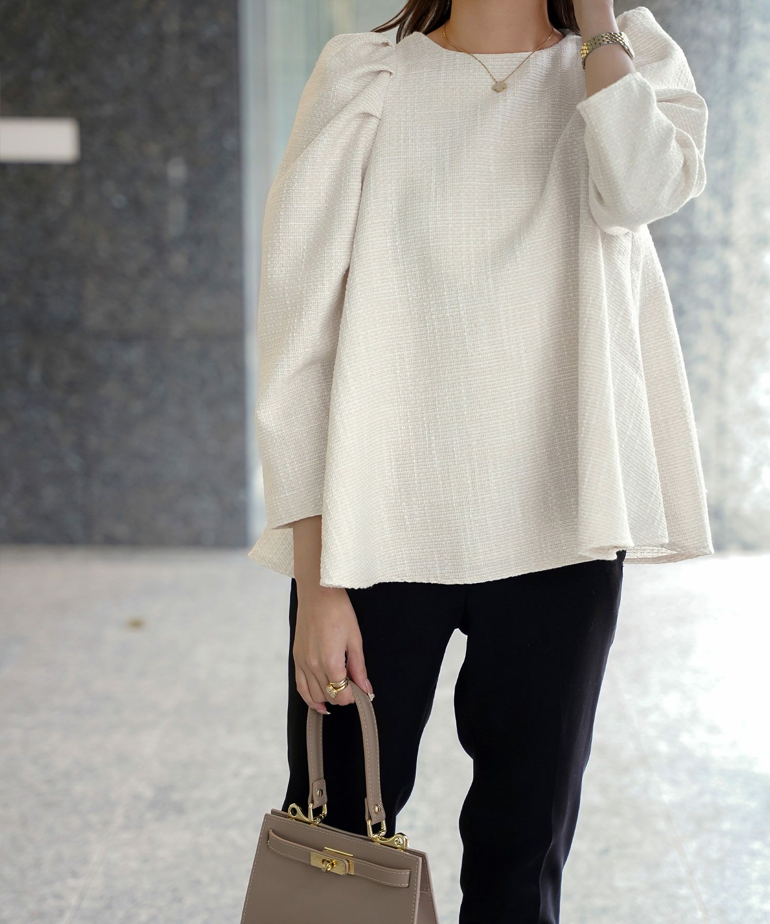 レディース/トップス/ブラウス/ツイード/春/夏/秋/冬/8分袖/グレー/ベージュ/ブラック/ホワイト/ネイビー