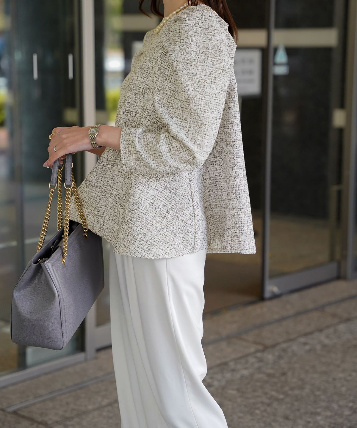 レディース/トップス/ブラウス/ツイード/春/夏/秋/冬/8分袖/グレー/ベージュ/ブラック/ホワイト/ネイビー