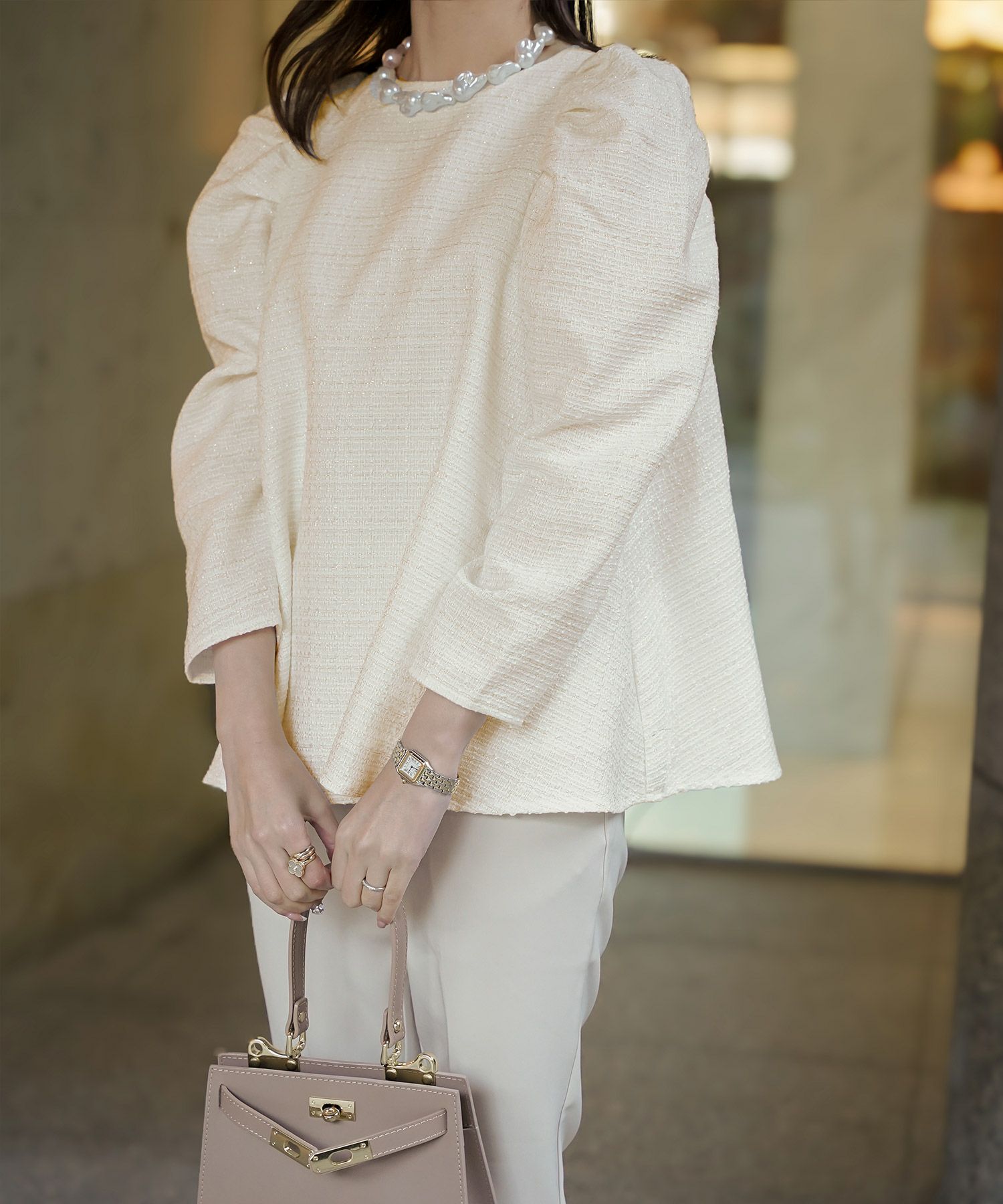 レディース/トップス/ブラウス/ツイード/春/夏/秋/冬/8分袖/グレー/ベージュ/ブラック/ホワイト/ネイビー