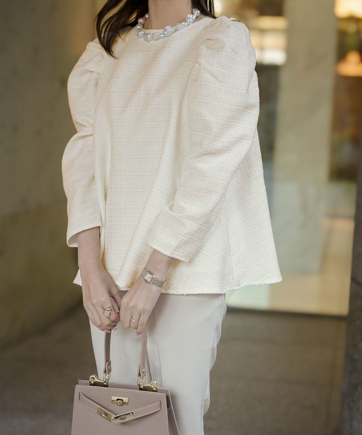 レディース/トップス/ブラウス/ツイード/春/夏/秋/冬/8分袖/グレー/ベージュ/ブラック/ホワイト/ネイビー