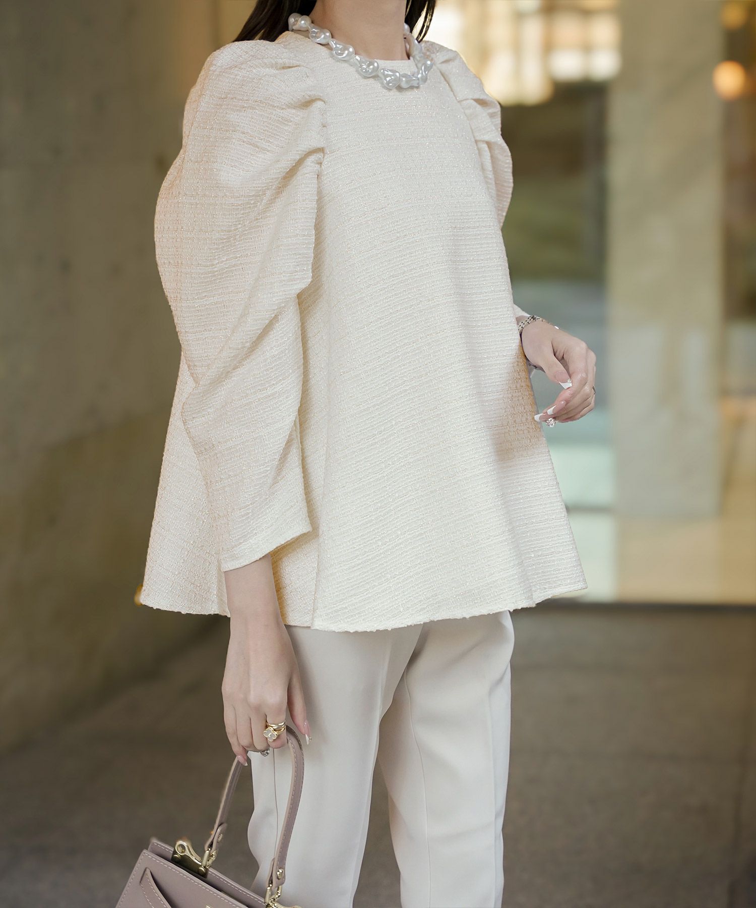 レディース/トップス/ブラウス/ツイード/春/夏/秋/冬/8分袖/グレー/ベージュ/ブラック/ホワイト/ネイビー