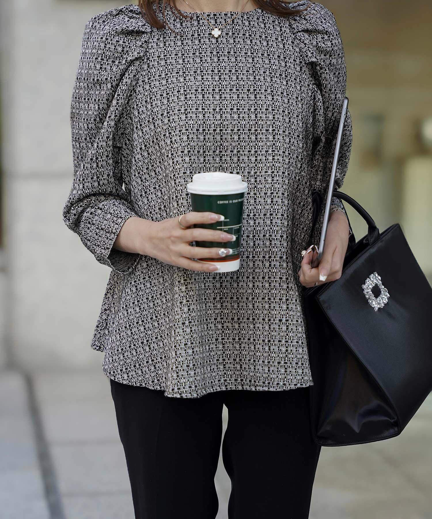 レディース/トップス/ブラウス/ツイード/春/夏/秋/冬/8分袖/グレー/ベージュ/ブラック/ホワイト/ネイビー