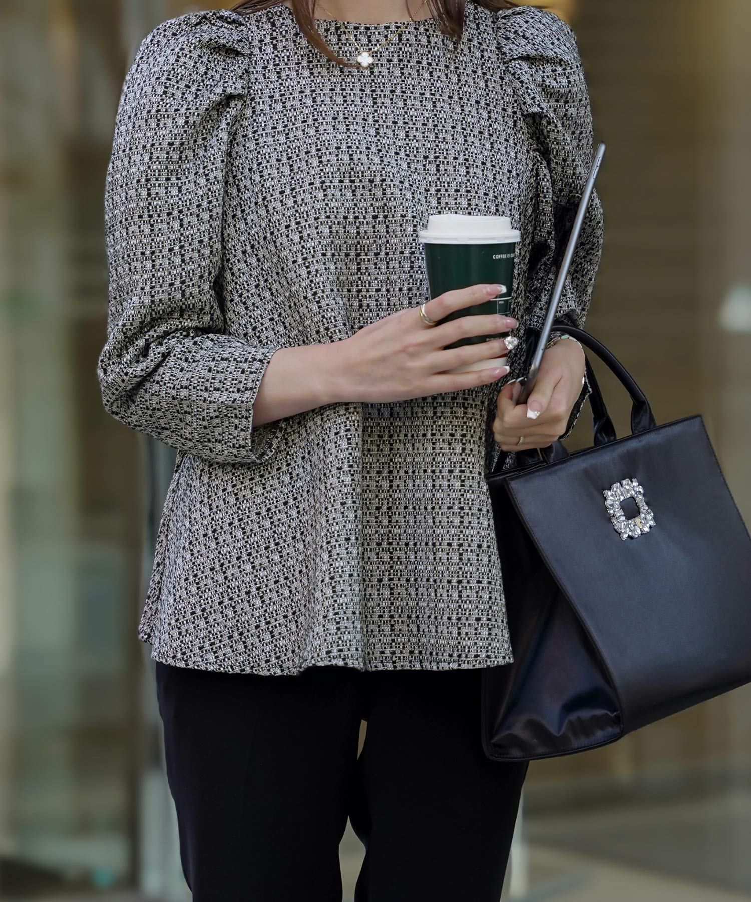 レディース/トップス/ブラウス/ツイード/春/夏/秋/冬/8分袖/グレー/ベージュ/ブラック/ホワイト/ネイビー